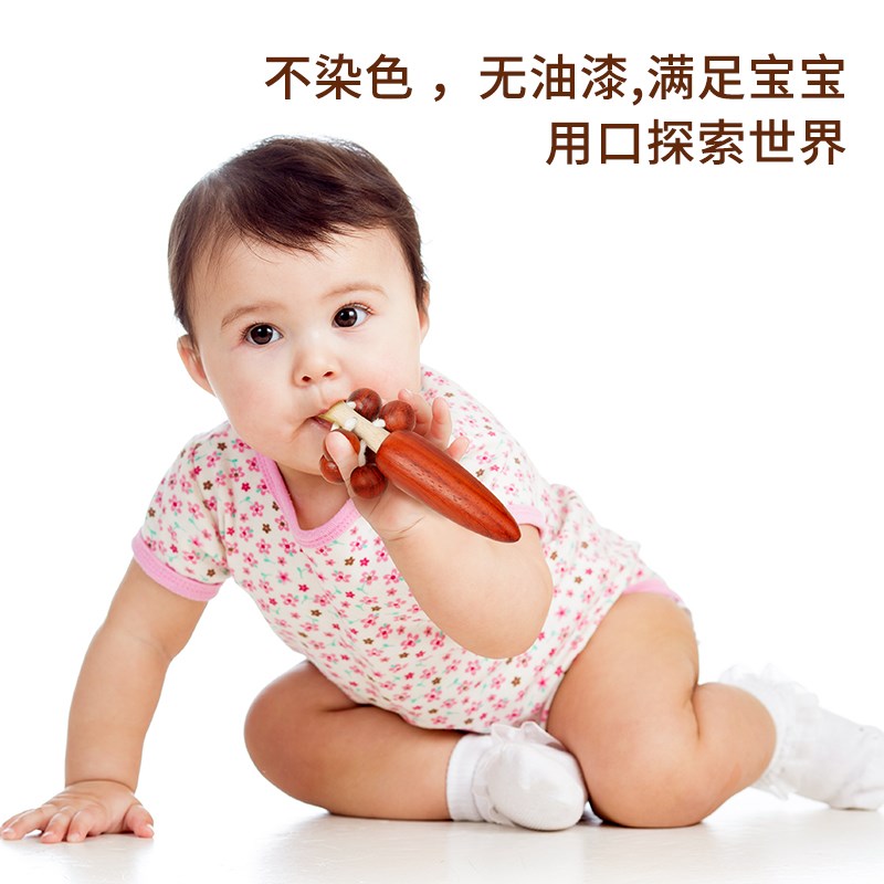 新生宝宝手摇铃拨浪鼓安抚玩具原木0-6-12个月婴儿抓握训练可啃咬