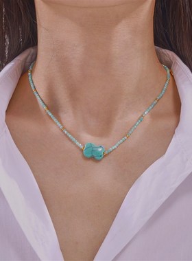 波西米亚新款设计绿松石吊坠时尚百搭个性天然石钢珠串珠项链饰品