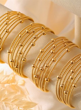 ins复古时尚多层麻花串钢珠手环欧美设计个性开口钛钢镀18k金手镯