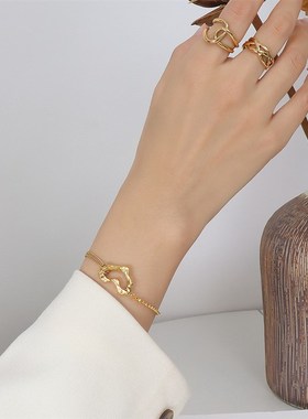 欧美ins百搭小众时尚简约手饰钛钢镀18k金桃心双层钢珠手链女饰品