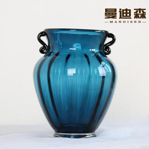 欧式透明琉璃花瓶创意双耳蓝色玻璃花瓶插花水养鲜花客厅餐桌摆件