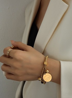 韩国复古钛钢手链 镀18K金钢珠love圆牌弹力线双层叠戴手链手饰品