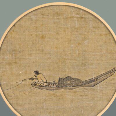 宋马远寒江独钓图新中式圆形玄关装饰画复古沙发简约现代茶室挂画