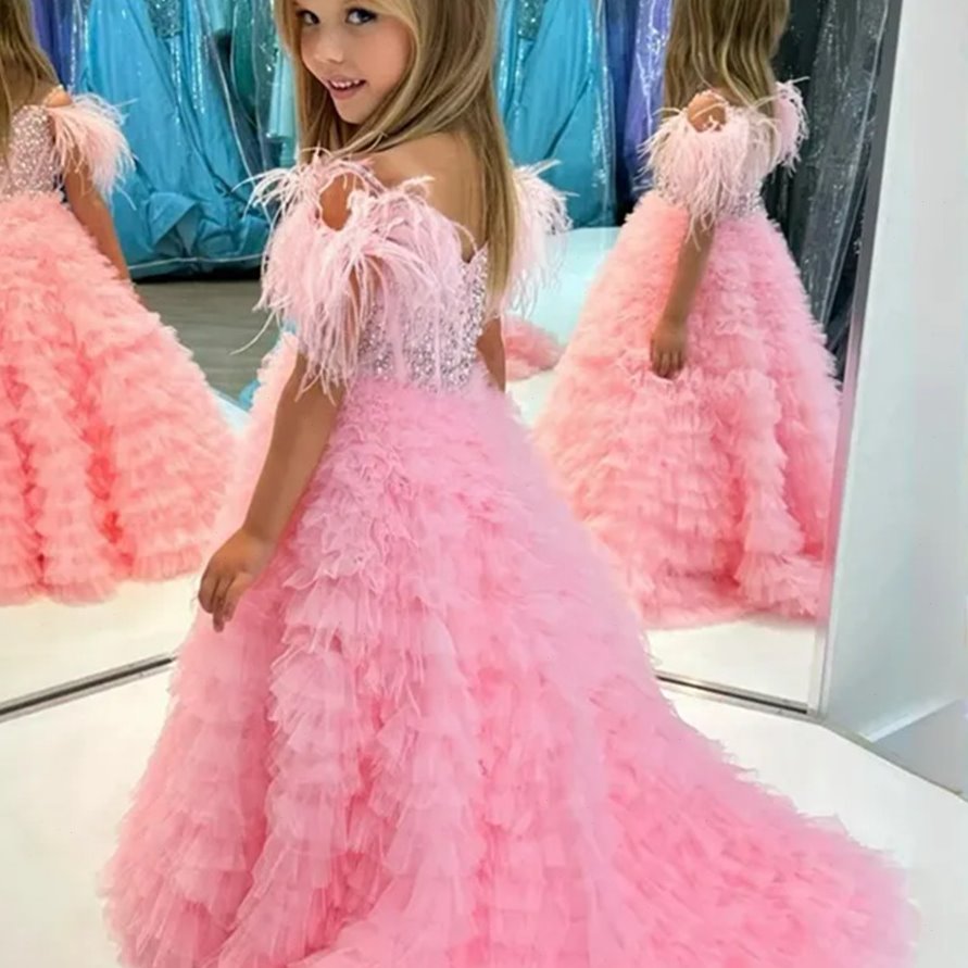 女童高端拖尾公主裙粉女孩生日晚礼服高级儿童主持演出服模特走秀