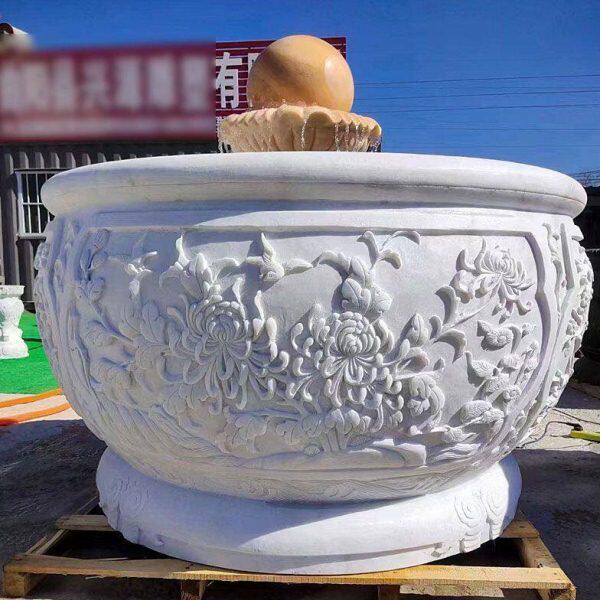 石雕汉白玉鱼缸花盆户外圆形石头盆荷花缸别墅门海石缸养鱼摆件