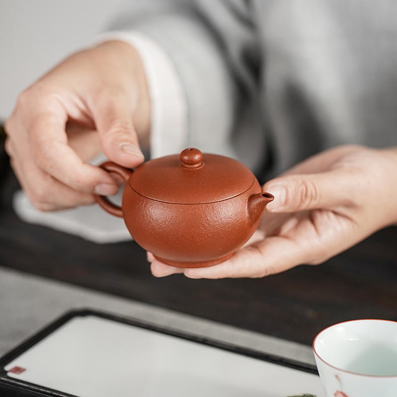 宜兴名家正宗紫砂壶 手工扁圆珠壶朱泥小泡茶壶功夫茶具套装100cc