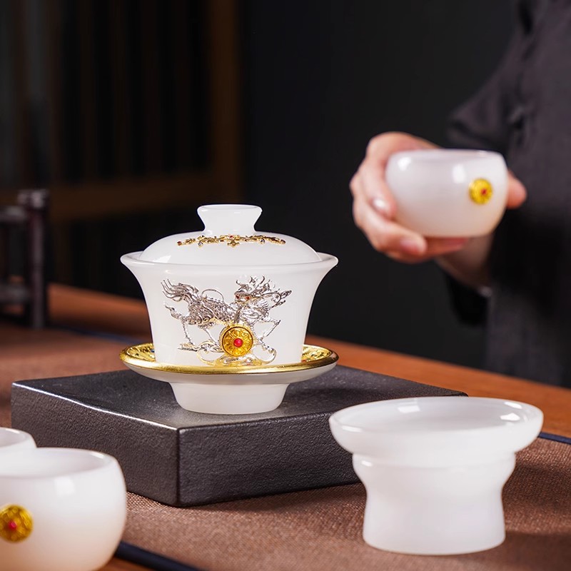 2023新款琉璃金镶玉功夫茶具白玉瓷盖碗茶杯套装家用办公送礼