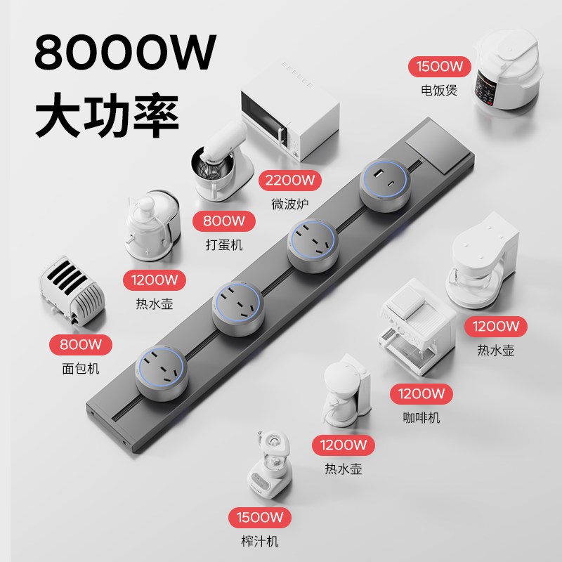国际电工带开关轨道插座可移动滑轨明装电力插排岛台餐柜家用厨房