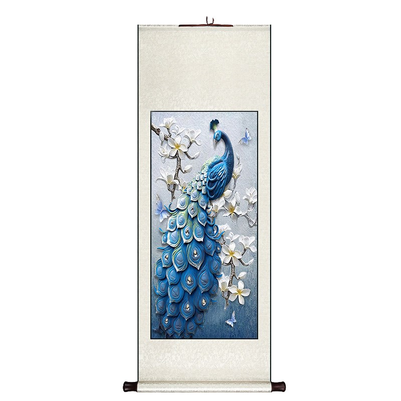 孔雀卷轴挂画竖版现代欧式玄关装饰画客厅走廊过道壁画餐厅墙画图片