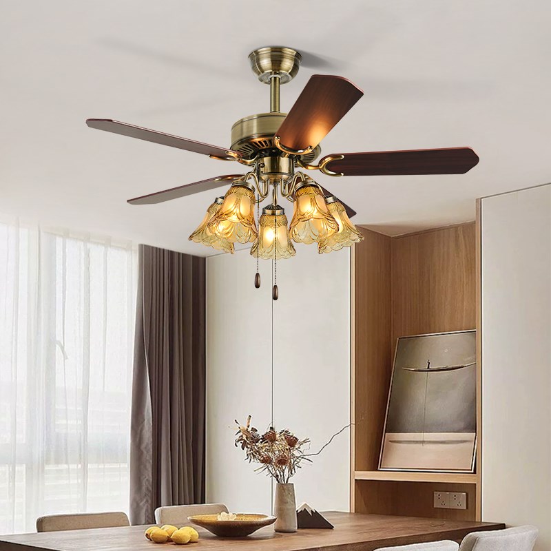曙阳铁叶餐厅风扇灯卧室电扇灯家用中古风木叶客厅美式复古吊扇灯