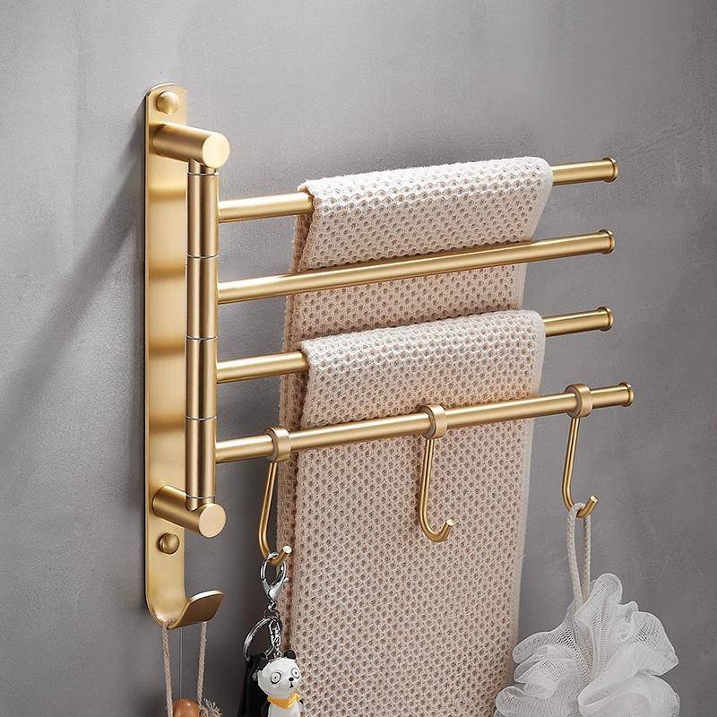 轻奢全铜旋转毛巾架免打孔金色毛巾杆挂杆卫生间壁挂活动挂钩多杆