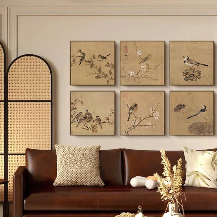 中古风花鸟装饰画复古国风铝合金挂画茶室沙发玄关书房高级感壁画