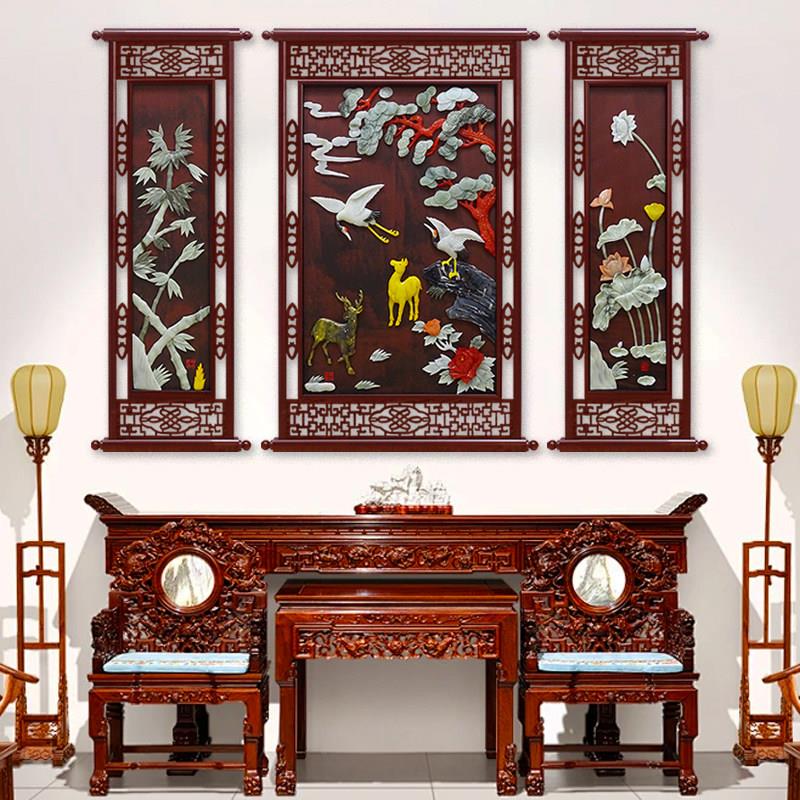 新中式中堂画客厅装饰画农村老房子松鹤延年福禄寿玉石画玉雕挂画