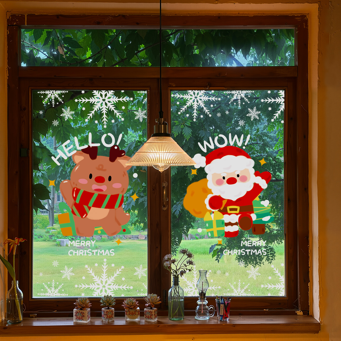 圣诞老人麋鹿可爱玻璃静电贴门店