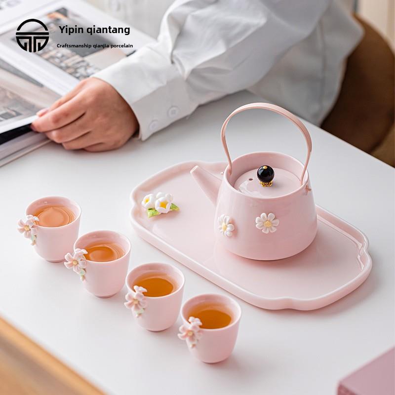 粉色功夫茶具套装纯手工陶瓷捏花功夫茶道高颜值品茗杯主人杯茶盘
