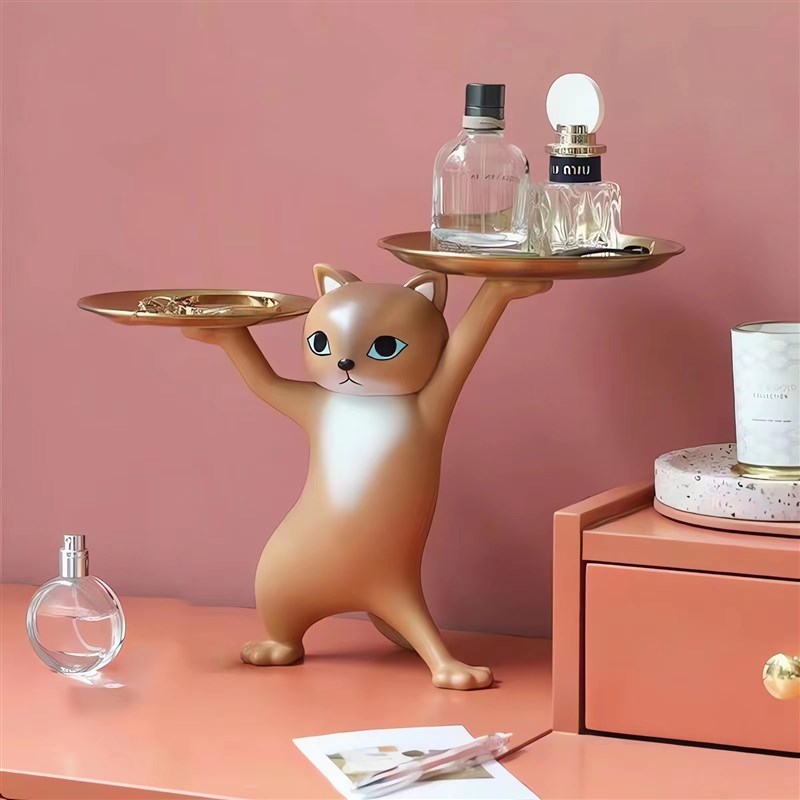 轻奢沙雕妖娆猫摆件 客厅家具装饰玄关钥匙收纳桌面托盘礼物