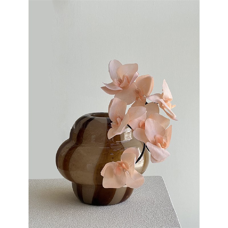 欣可中古琉璃花瓶客厅摆件水x培插花咖啡色条纹胖墩手工玻璃装饰