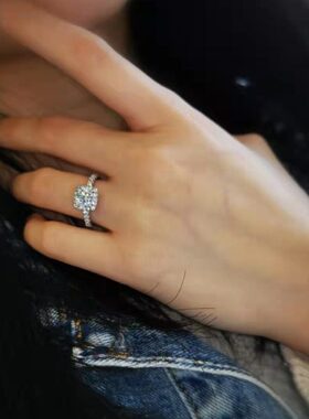 莫桑石钻戒镶嵌口【戒托拉925银十】生日礼物方形古 木戒指一克