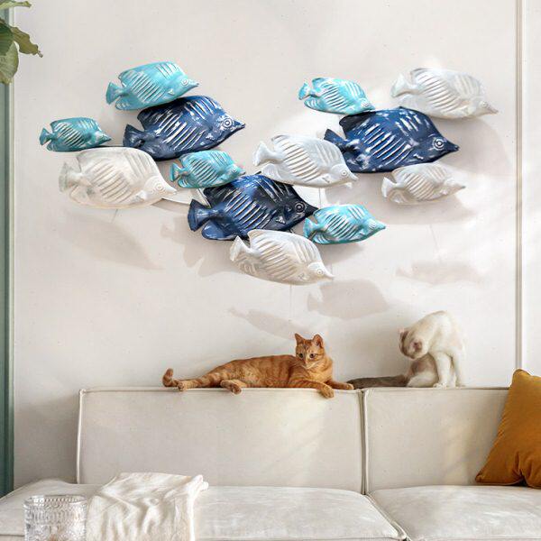 地中海风格墙面装饰品儿童房创意铁艺壁饰墙上挂件群鱼立体墙饰