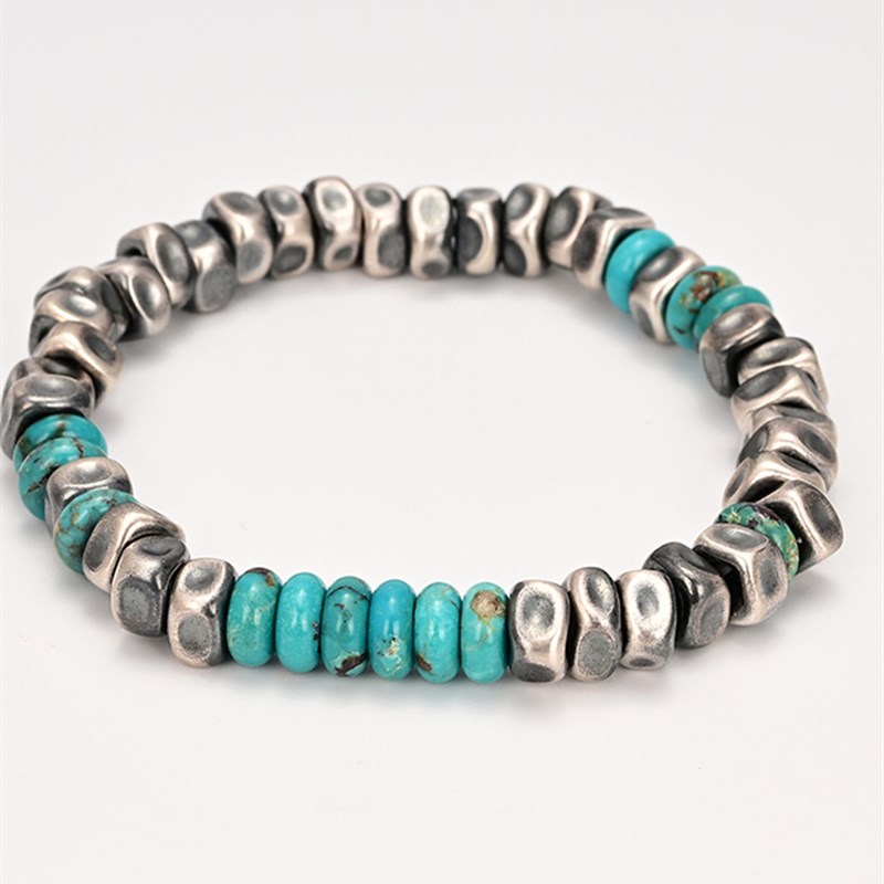 破银覆古堆叠8毫米手工打银盘包裹925银高级绿P松石手炼嘻哈男子