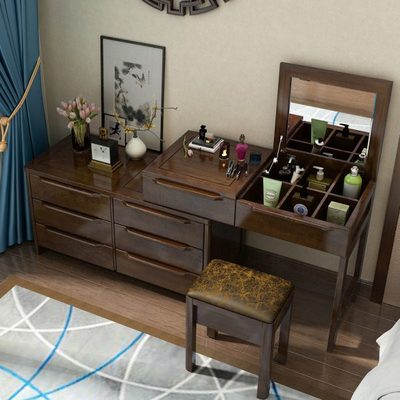 新中式全实木梳妆台收纳柜一体中式卧室化妆台斗柜收纳伸缩化妆桌