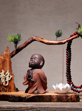 创意中式玄关博古架紫砂摆件禅意小和尚 家居装饰陶瓷达摩工艺品