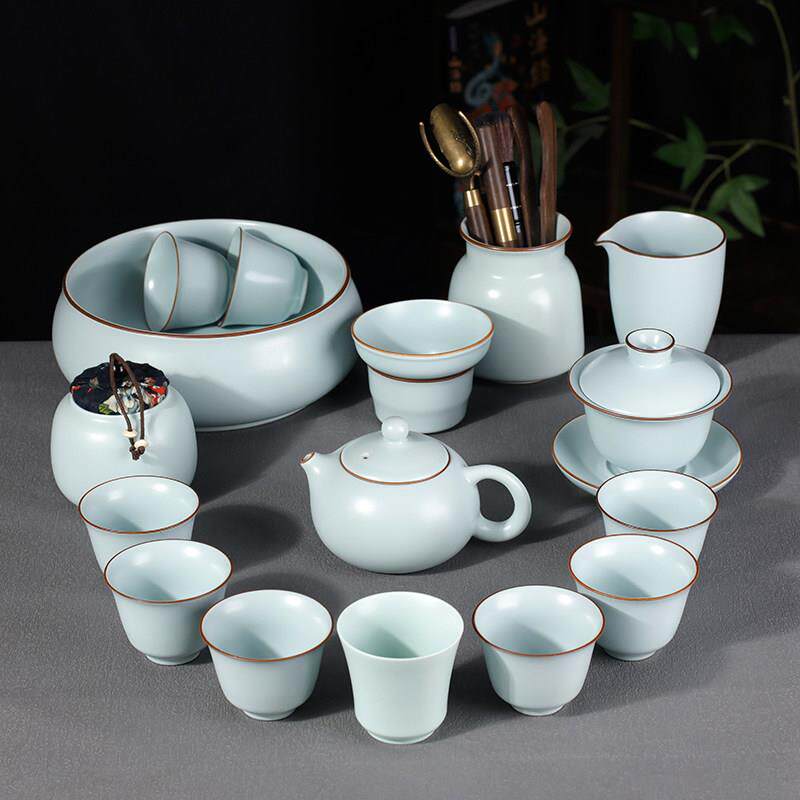 功夫泡茶专用茶具套组家用中式天青色陶瓷茶壶茶杯会客盖碗喝茶器