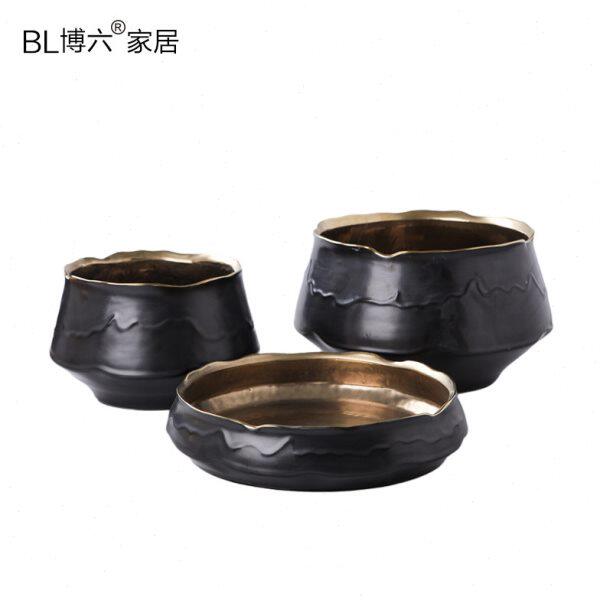 现代轻奢黑金陶瓷花盆果盘摆件客厅电视柜餐桌插花器软装饰品摆设