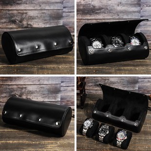 真皮盒三位旅行收纳盒黑色牛皮机I械表防尘便携式防摔表盒