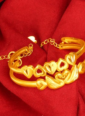 越南沙金手镯女久不掉色金色黄铜仿真黄金爱心手环首饰24K金女款