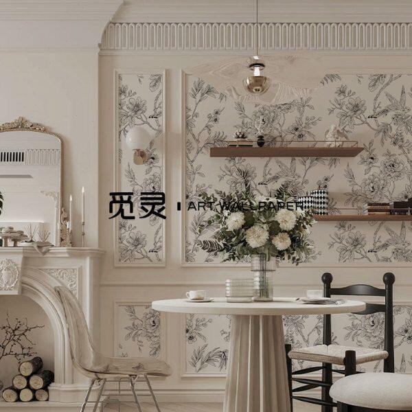 法式花鸟壁纸电视沙发背景墙墙纸卧室客厅玄关无纺布无缝定制壁画