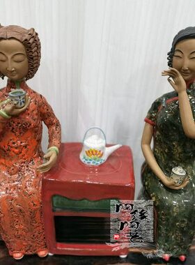 陶瓷工艺品 石湾公仔 仕女 品茶 茶香 茶庄用品