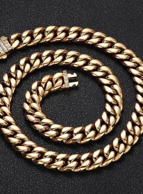 欧美新品闪电锆石弹簧扣不锈钢古巴项链跨境嘻哈钛钢饰品男士项链