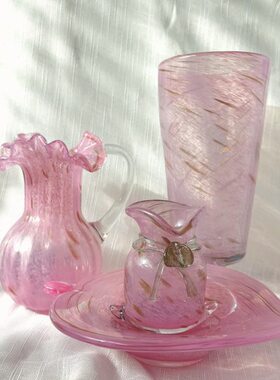 国外定制中古vintage玻璃花瓶粉色把手壶高脚钱袋摆件桌面工艺品