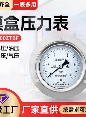 厂家供应轴向带边304不锈钢膜盒压力表YE100ZTBF压力表