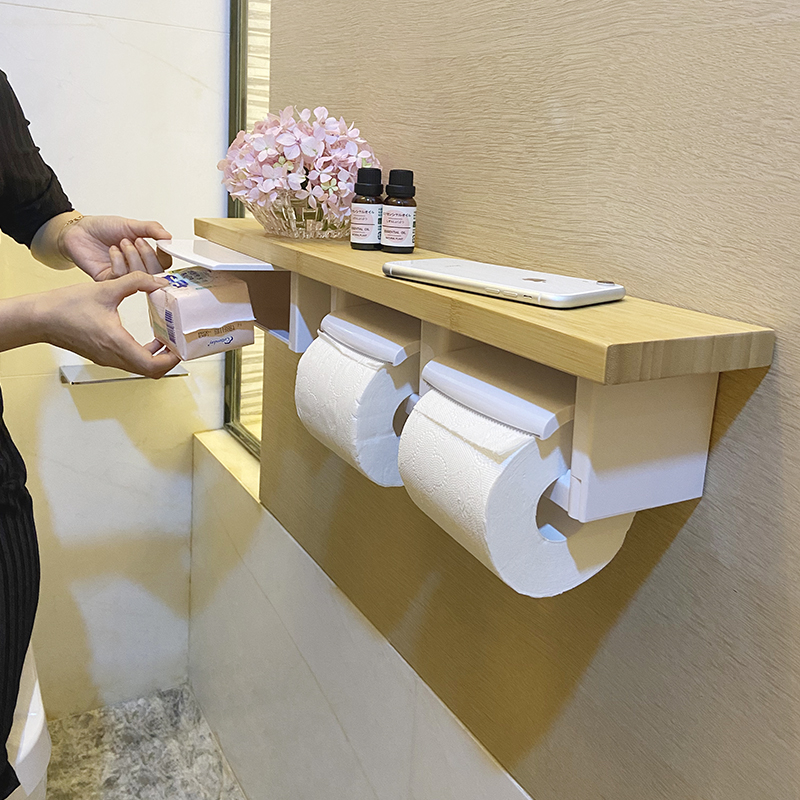 免打孔纸巾架卫生间厕所日式实木壁挂带扶手卷P纸器置物架抽纸巾