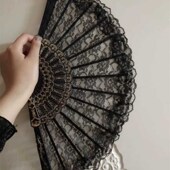 女士旗袍舞蹈跳舞小折扇黑色蕾丝古风扇子中国风古典双面复古扇子