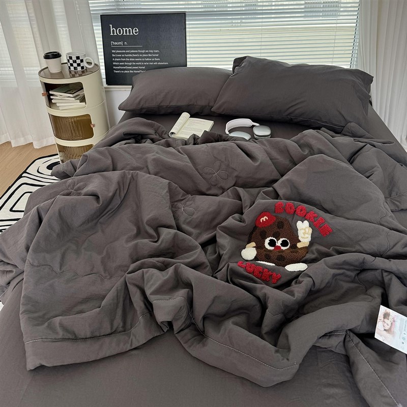 简约灰卡通毛g巾绣夏被四件套夏季夏凉被空调被单双人学生薄被子
