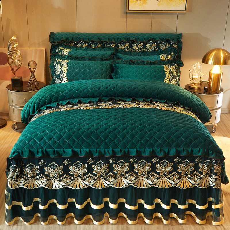 欧式水晶绒床裙款四件套珊瑚绒法兰D绒牛奶绒床罩被套加绒床上用