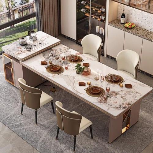 岩板岛台茶桌一体轻奢现代多功能泡茶台办公室家用伸缩茶桌椅组合