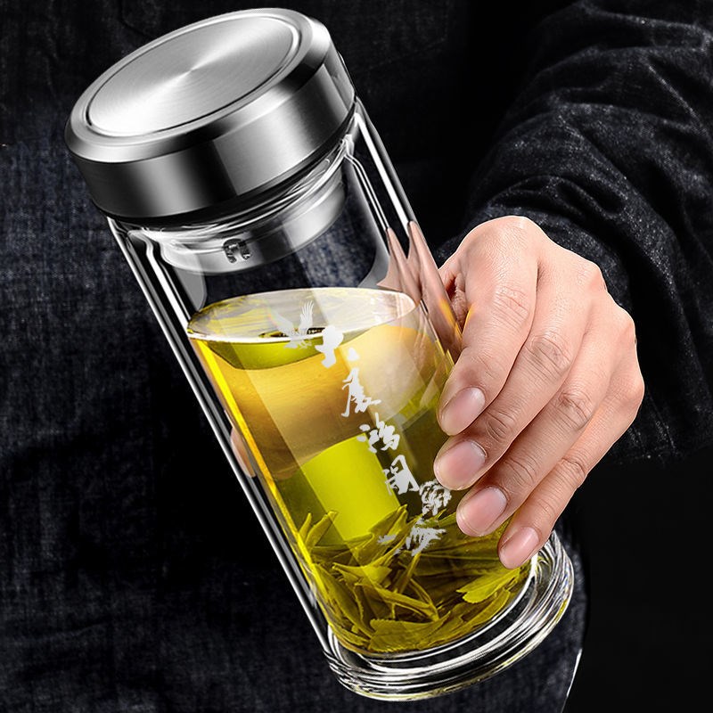 双层大容量玻璃杯隔热水杯茶杯车载喝水男透明家用加厚1000ml防爆