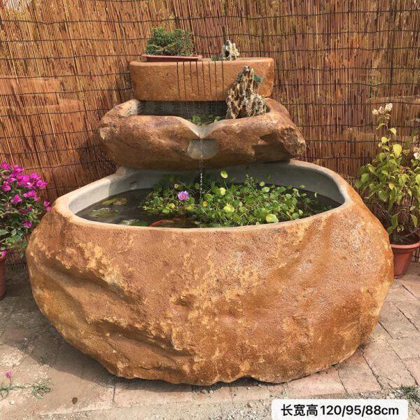 室外石头鱼缸鱼池流水养鱼户外原石庭院花园石材石盆水盆石槽水池