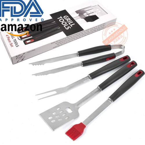 户外不锈钢烧烤4件套叉铲夹扫烧烤工具烤炉组合多用功能BBQ烤具 - 封面