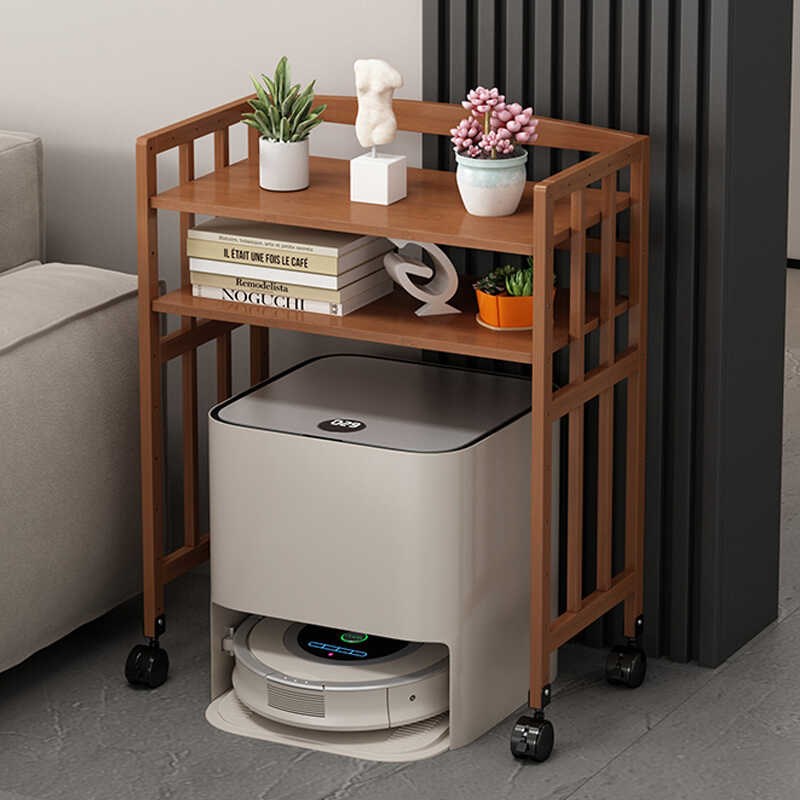 扫地机器人落地多层置物架带轮子收纳架拖地机架实木家用客厅边几