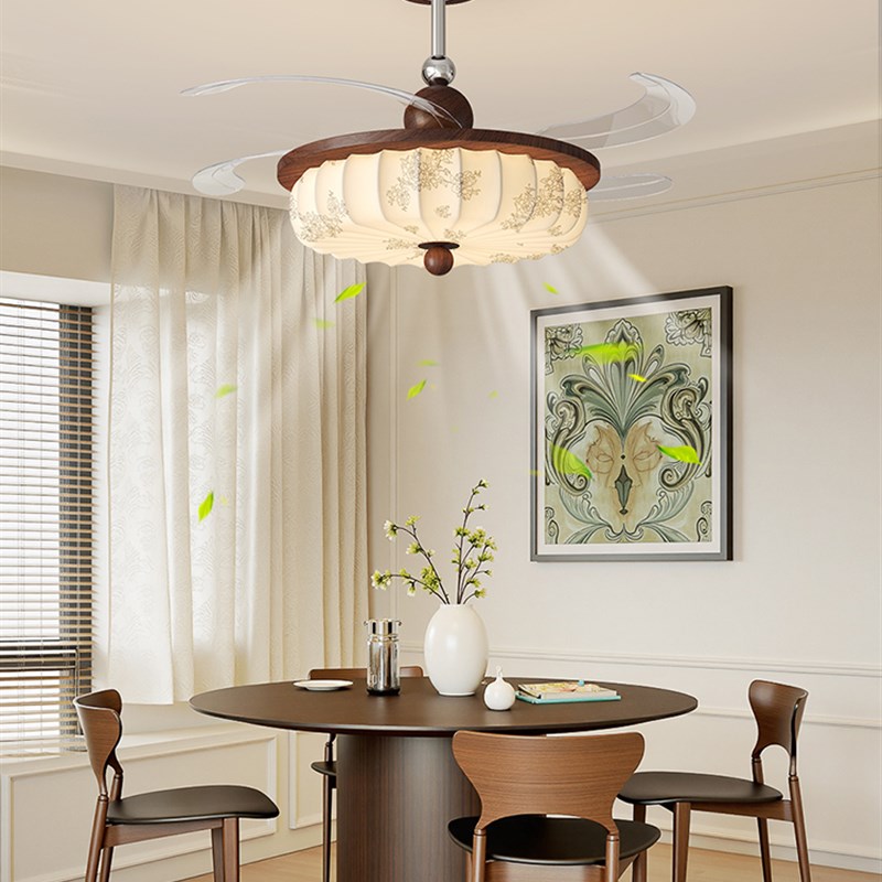 中古风隐形风扇灯新款宋代美学护眼餐厅吸顶灯南洋风印花卧室灯具