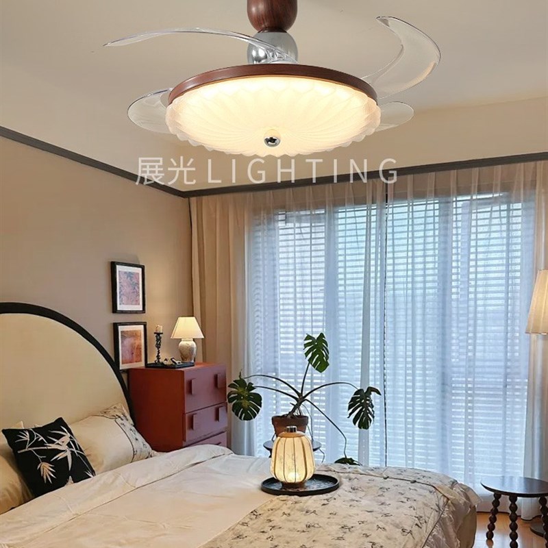 中世纪风格隐形扇灯法式覆古一体式电扇餐厅卧室吊扇灯茶室扇灯
