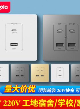 5V四86型工地伏手机WV转22036位面板20用明装口多快充宿舍usb插座
