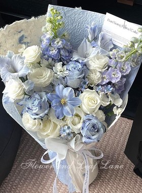 创意蓝色混搭玫瑰花束彷r真花成品生日礼物送女友朋友闺蜜节日礼