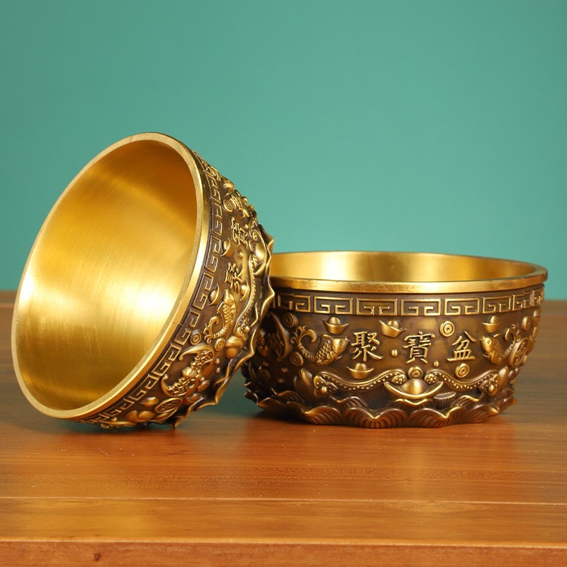 2025铜聚宝盆摆件黄p铜加厚聚宝盆五福元宝存钱盆大金碗铜盆装饰