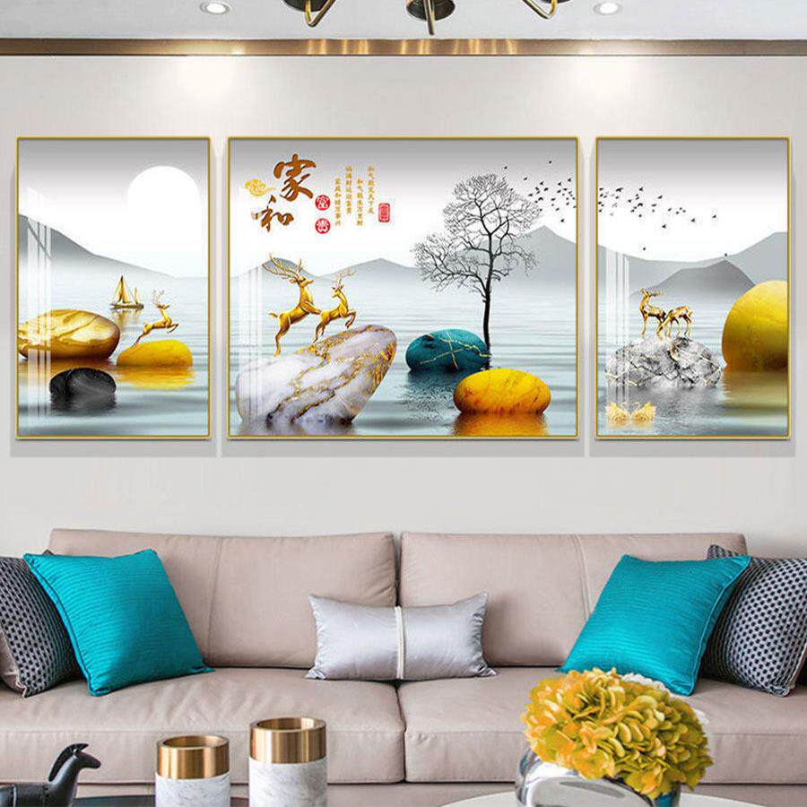 轻奢客厅装饰画现代简约三联画沙发背景墙挂画高档大气山水画壁画